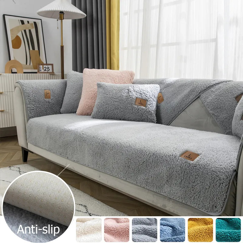 Modern Solid Color Winter Lamb Wool Sofa Towel Thicken Plush Soft And Smooth Sofa Covers For Living Room Anti-slip Couch Cover