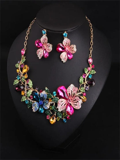 Color glass filled short clavicle necklace earrings set f