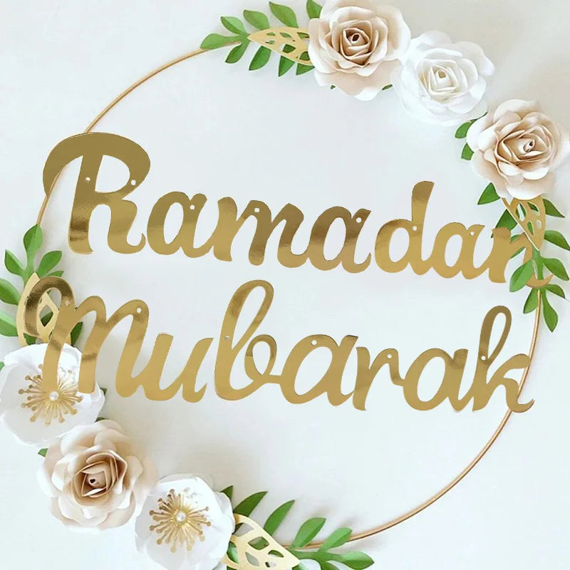 Ramadan Mubarak Decoration Metal Ring Hoop Hanging Artificial Flower Wreath DIY Muslim Islam Holiday Party Eid Mubarak Banner