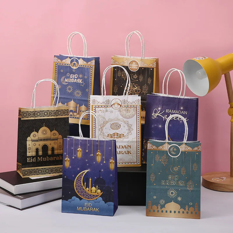 2/5Pcs Eid Mubarak Kraft Paper Gift Bag Ramadan Decoration 2024 Aid Mubarak Eid Al Adha Muslim Islamic Festival Event Decoration