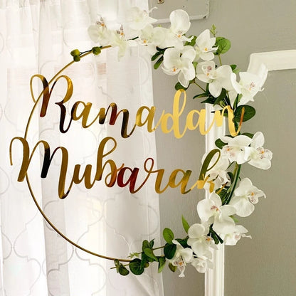 Ramadan Mubarak Decoration Metal Ring Hoop Hanging Artificial Flower Wreath DIY Muslim Islam Holiday Party Eid Mubarak Banner