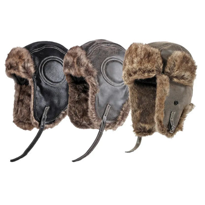 Warm Winter Hats Men's Women's Pilot Bomber Trapper Hat Leather Snow Cap Ear Protection Russian Hat