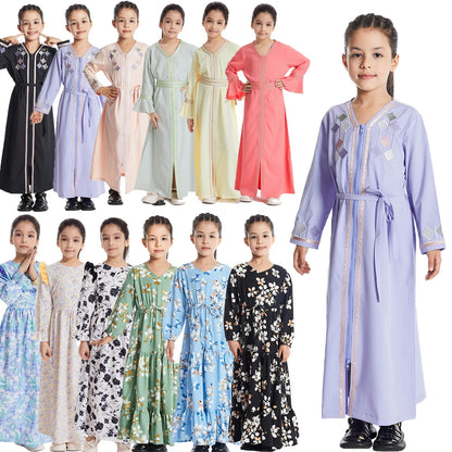 Moroccan Eid Party Muslim Kids Girls Abaya Floral Print Long Maxi Dress Turkey Kaftan Arab Robe Islamic Holiday Prayer Clothing