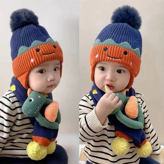 2PCS Set Baby Hat Scarf Winter Warm Thick Knitted Cap