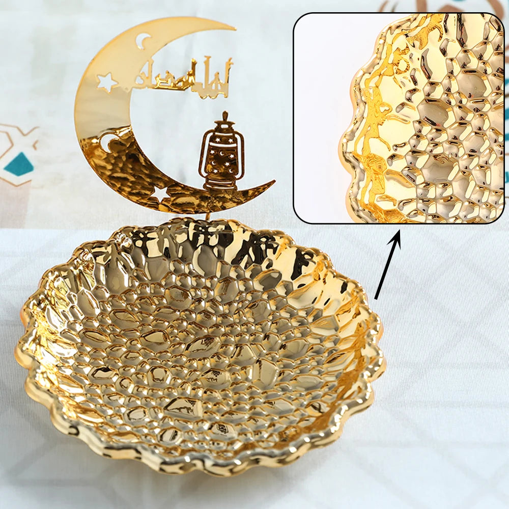 Gold Metal Ramadan Food Tray Eid Mubarak Dessert Fruit Plate Ramadan Decoration Islamic Muslim Festival Decor Gift Jewelry Plate