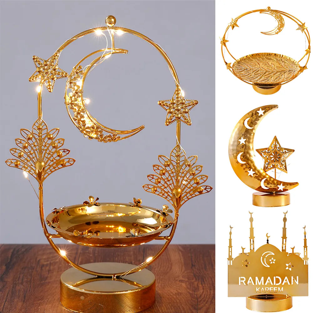 Metal EID Mubarak Light Candlestick Tray Islam Muslim Festival Star Moon Lamp Ornaments Ramadan Party Decorations for Home