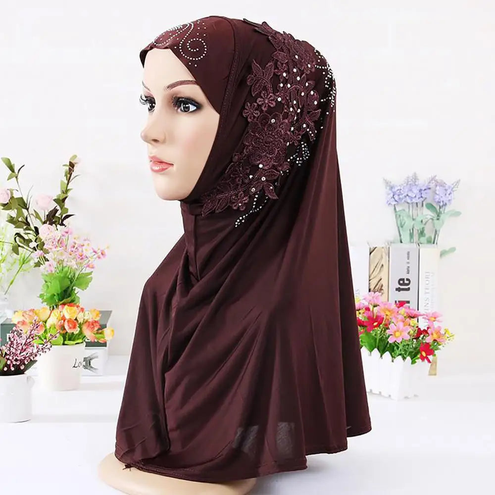 Women Head Cover Solid Color Lace Rhinestone Muslim Hijab Wrap Islamic Scarf Cap