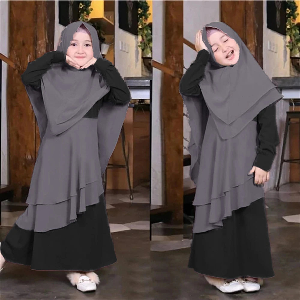 2 PCS Muslim Kids Girls Kaftan Abaya Islamic Dress Hijab Scarf Long Sleeve Maxi Dress Prayer Burka Set Islamic Clothing Ramadan