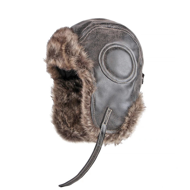 Warm Winter Hats Men's Women's Pilot Bomber Trapper Hat Leather Snow Cap Ear Protection Russian Hat