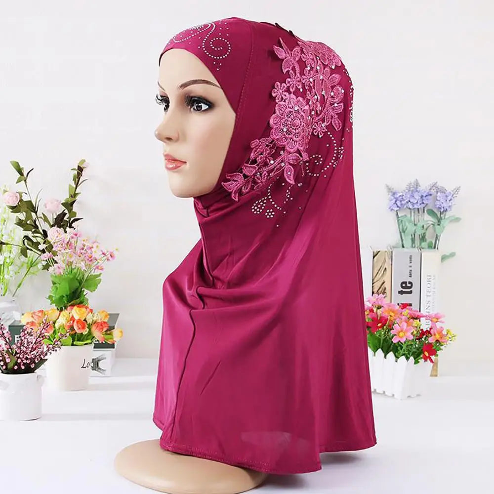 Women Head Cover Solid Color Lace Rhinestone Muslim Hijab Wrap Islamic Scarf Cap