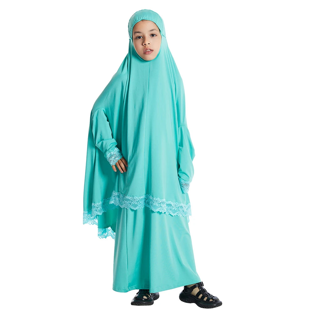 2pcs Ramadan Abaya Kids Girls Muslim Overhead Hijab Maxi Skirt Set Prayer Garment Traditional Kaftan Burqa Clothing Dress Turkey