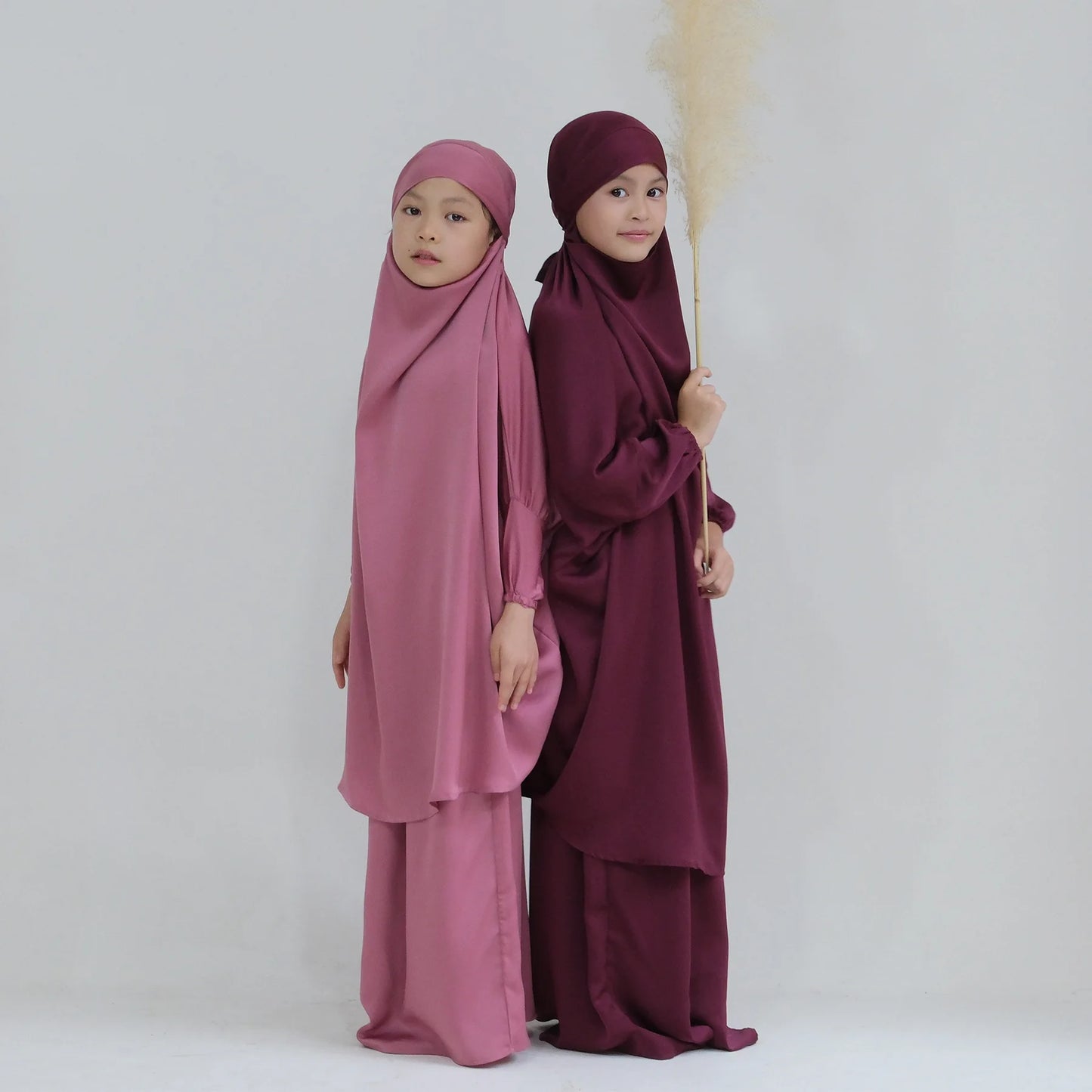 2pcs Muslim Kids Girls Hijab Dress Eid Hooded Tops Skirt Overhead Abaya Islam Prayer Garment Clothing Arabic Robe Khimar Abayas