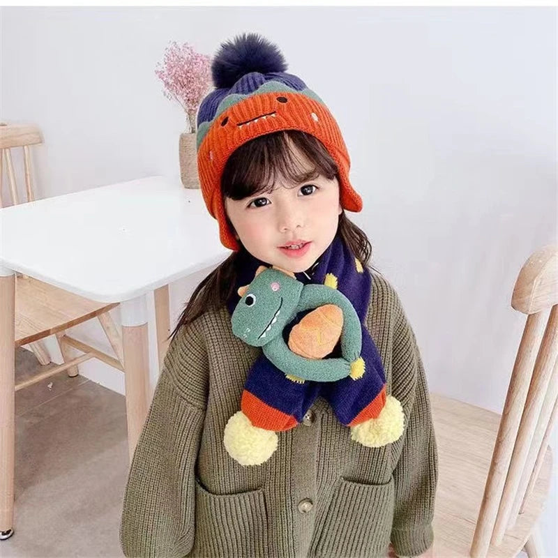 2PCS Set Baby Hat Scarf Winter Warm Thick Knitted Cap