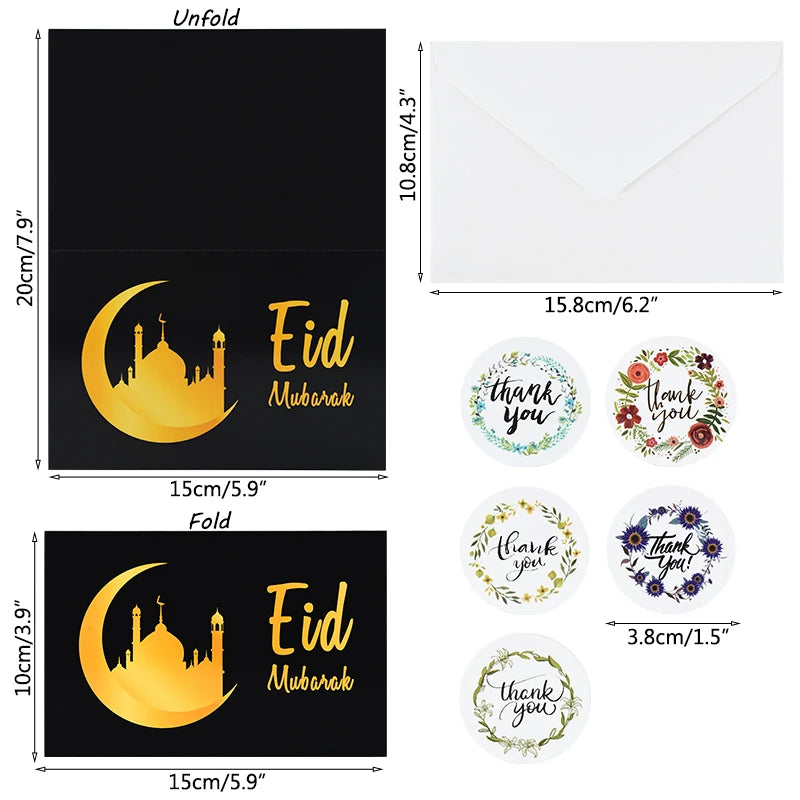 18Pcs Eid Mubarak Greeting Cards with Envelopes Sealing Stickers Eid Ramadan Note Cards Greetings Cards Muslim Party Supplies