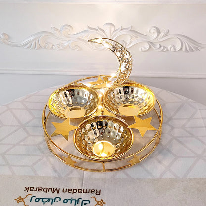 Eid Mubarak Metal Gold Nuts Tray With Light Ramadan Decor for Home Eid Al Adha Islamic Ramadan Kareem Muslim Festival Ornament