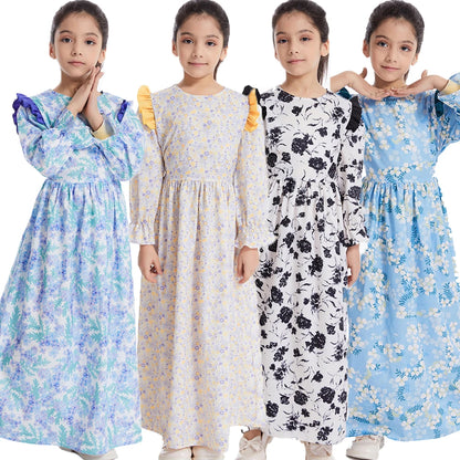 Moroccan Eid Party Muslim Kids Girls Abaya Floral Print Long Maxi Dress Turkey Kaftan Arab Robe Islamic Holiday Prayer Clothing