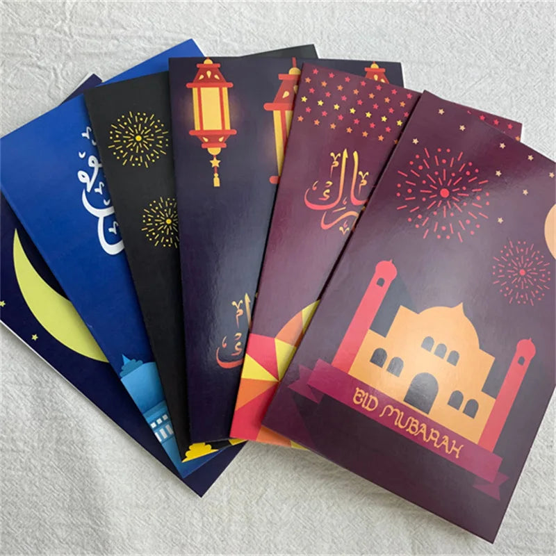 6pcs Eid Mubarak Invitation Cards with Envelope Ramadan Gift Decorations Greeting Card Islamic Muslim Eid Decor