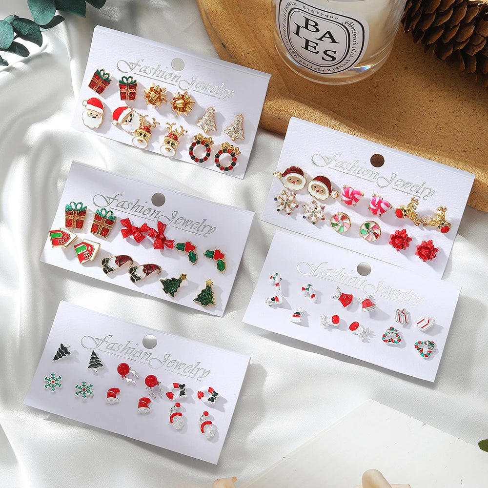 Christmas Elk Candy Santa Claus Drop Oil Stud Earrings