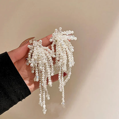 Crystal Pearl Flower Tassel Long Earrings