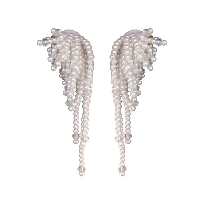 Crystal Pearl Flower Tassel Long Earrings