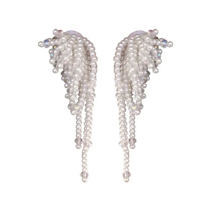 Crystal Pearl Flower Tassel Long Earrings