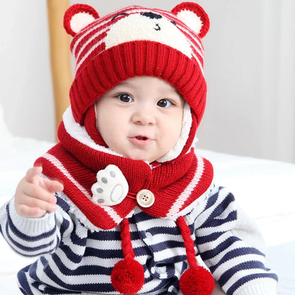 Baby Hat Autumn Winter Plus Fleece Knitted Children's Infant Bear Wool Ear Protection Cap