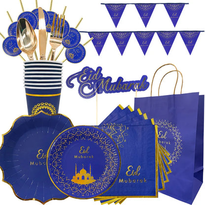 Ramadan Kareem Disposable Tableware Set Ramadan Mubarak Cup Plate Eid Mubarak Banner Balloons Muslim Islamic Party Decorations