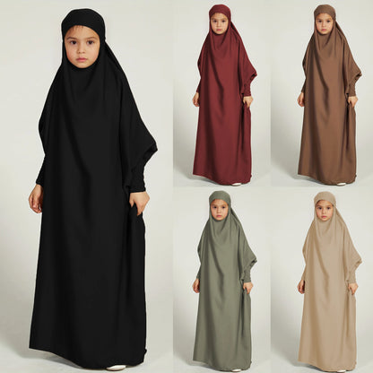 Ramadan  Muslim kids Girls Abaya Solid Long Kaftan