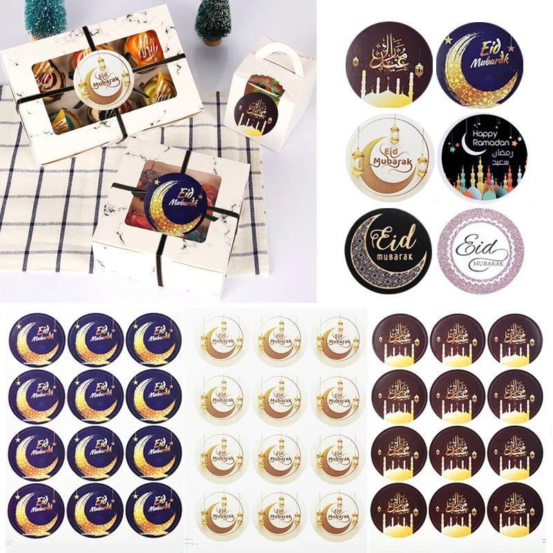 90/120pcs Eid Mubarak Paper Sticker Labels Ramadan Gifts Candy Bag Packing Self-adhesive Stickers For Islamic Muslim Party Decor