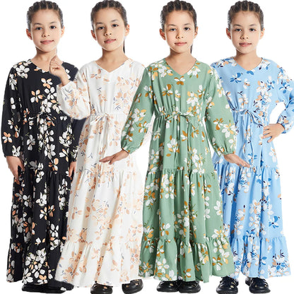 Moroccan Eid Party Muslim Kids Girls Abaya Floral Print Long Maxi Dress Turkey Kaftan Arab Robe Islamic Holiday Prayer Clothing