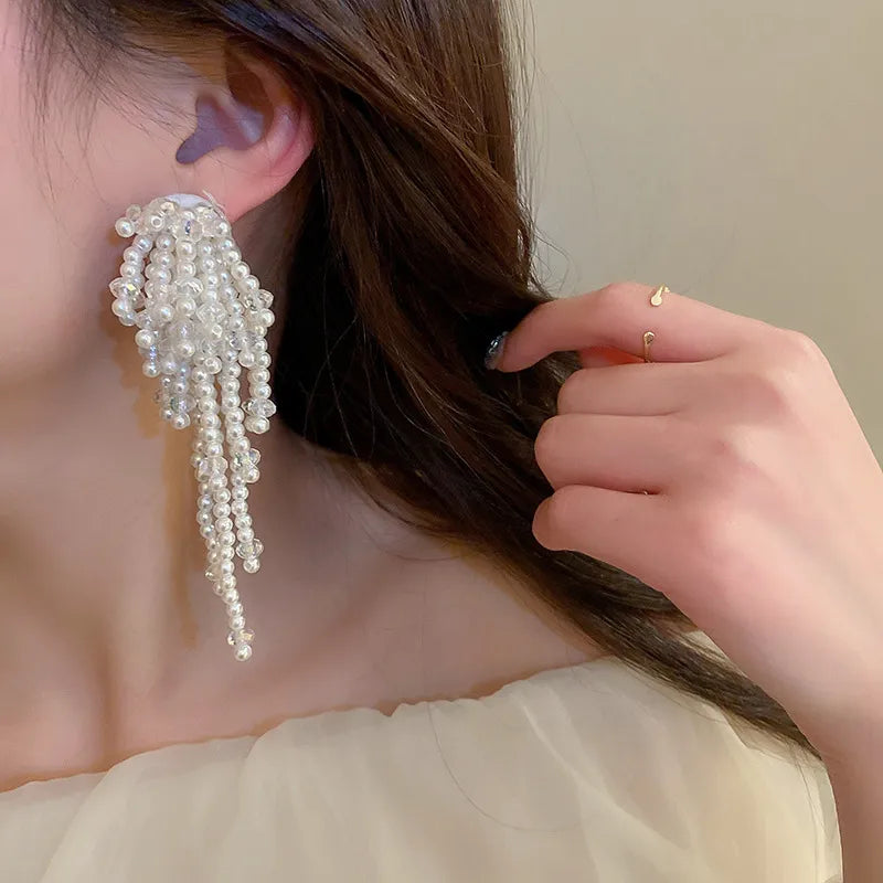 Crystal Pearl Flower Tassel Long Earrings