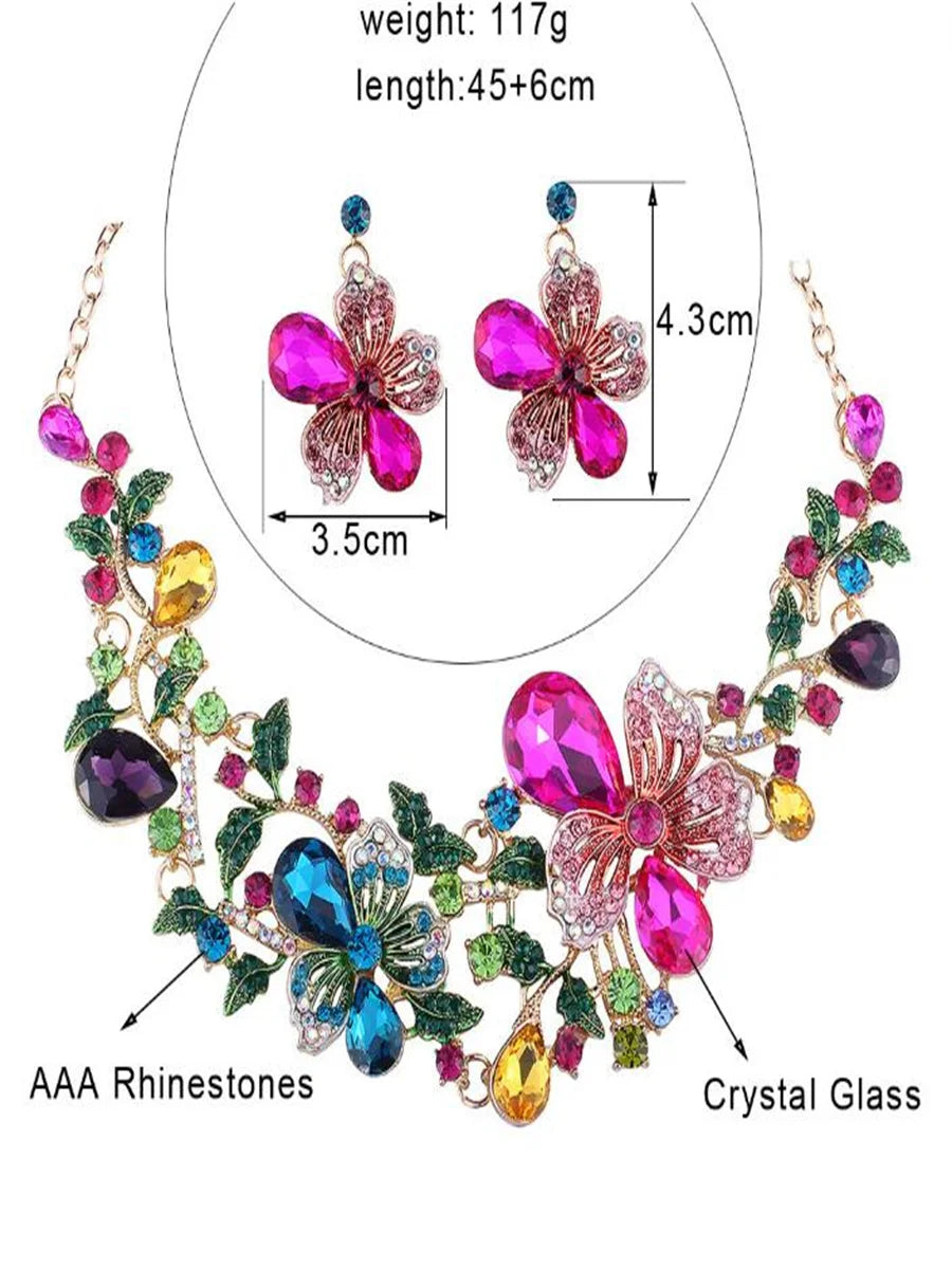 Color glass filled short clavicle necklace earrings set f