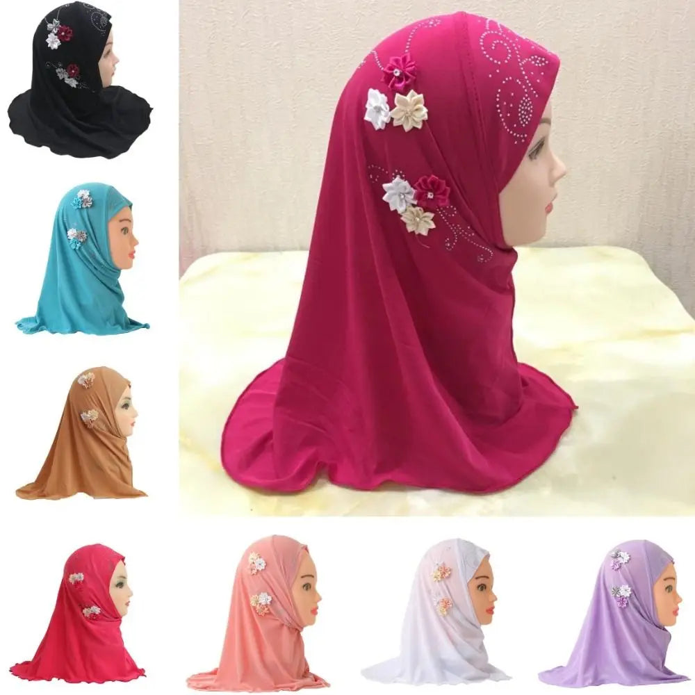 Beautiful Small Girl Hijab With Flowers Fit 2-6 Years Old Kids Pull On Islamic Scarf Head Wrap Headscarf Headbands Girl Headband