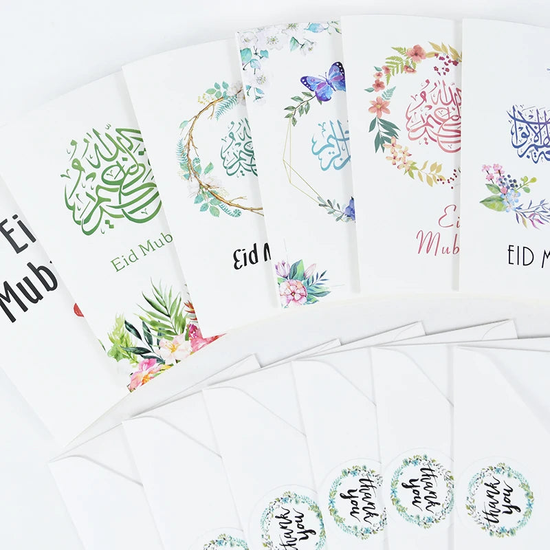 18Pcs Eid Mubarak Greeting Cards with Envelopes Sealing Stickers Eid Ramadan Note Cards Greetings Cards Muslim Party Supplies