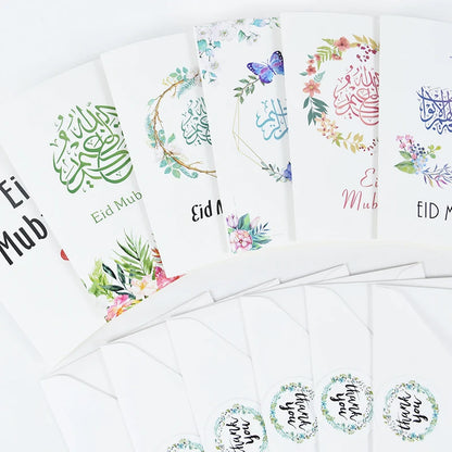 18Pcs Eid Mubarak Greeting Cards with Envelopes Sealing Stickers Eid Ramadan Note Cards Greetings Cards Muslim Party Supplies