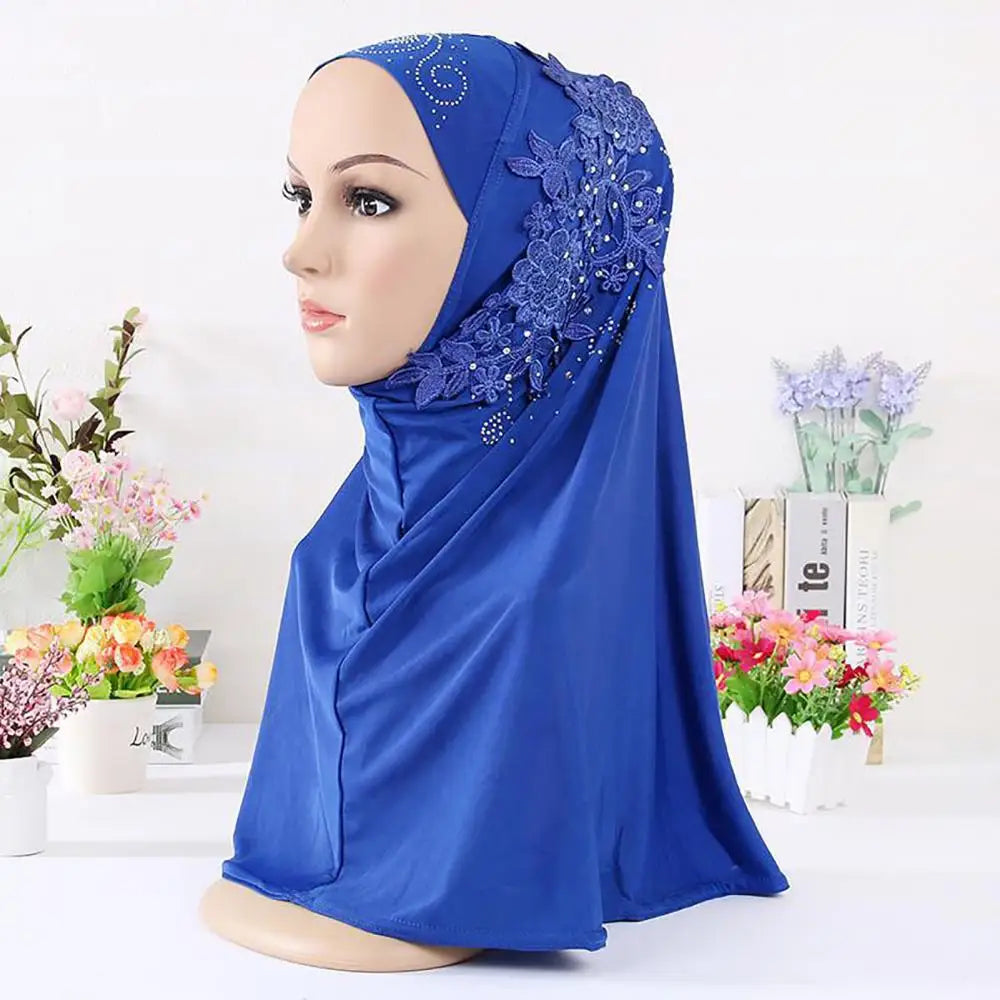 Women Head Cover Solid Color Lace Rhinestone Muslim Hijab Wrap Islamic Scarf Cap