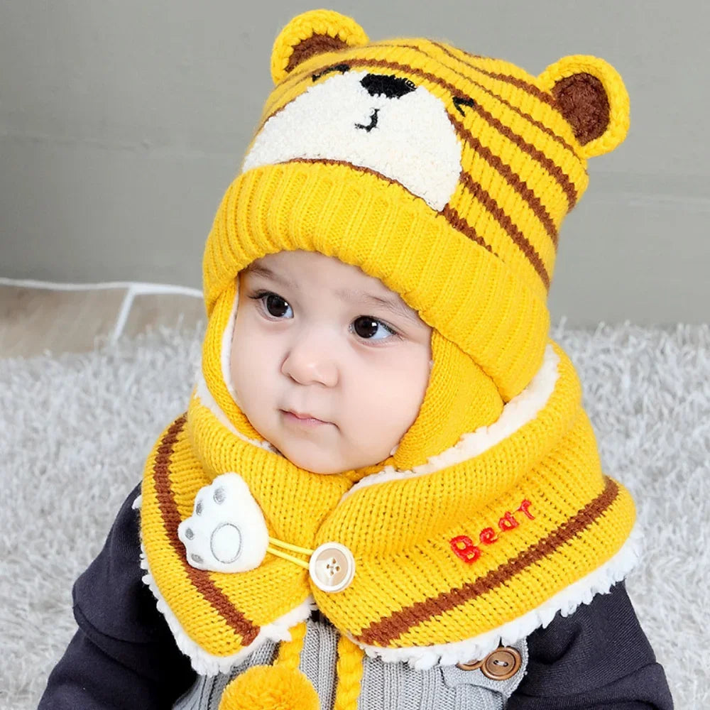 Baby Hat Autumn Winter Plus Fleece Knitted Children's Infant Bear Wool Ear Protection Cap