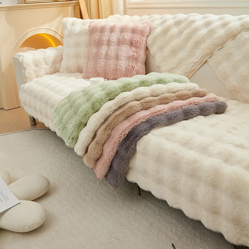 Thicken Rabbit Plush Sofa Slipcover Universal Solid Color Sofa Towel Covers Non-slip Couch Slipcovers Sofa Towel for Living Room