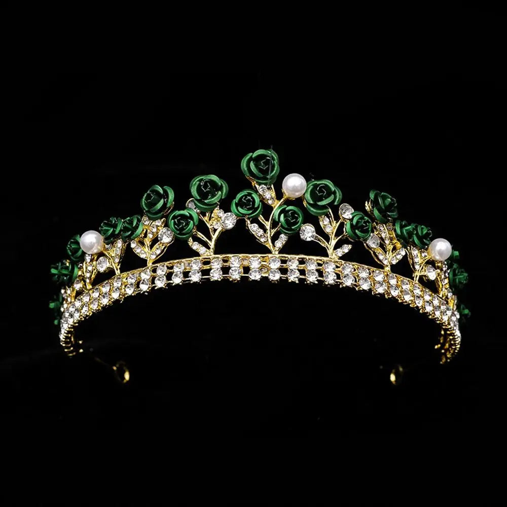 1pc Luxury Vintage Red Rose Green Crystal Crown