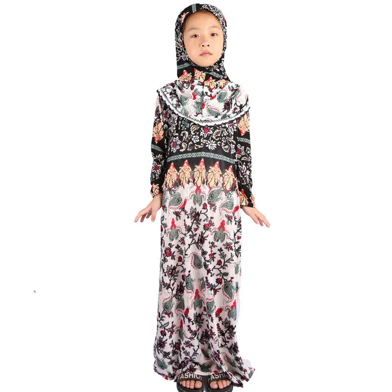 Send Randamly Girls Muslim Dress Hijab Ramadan Sets Arab Kids Dubai Headscarf Long Robe Islamic Party Gown