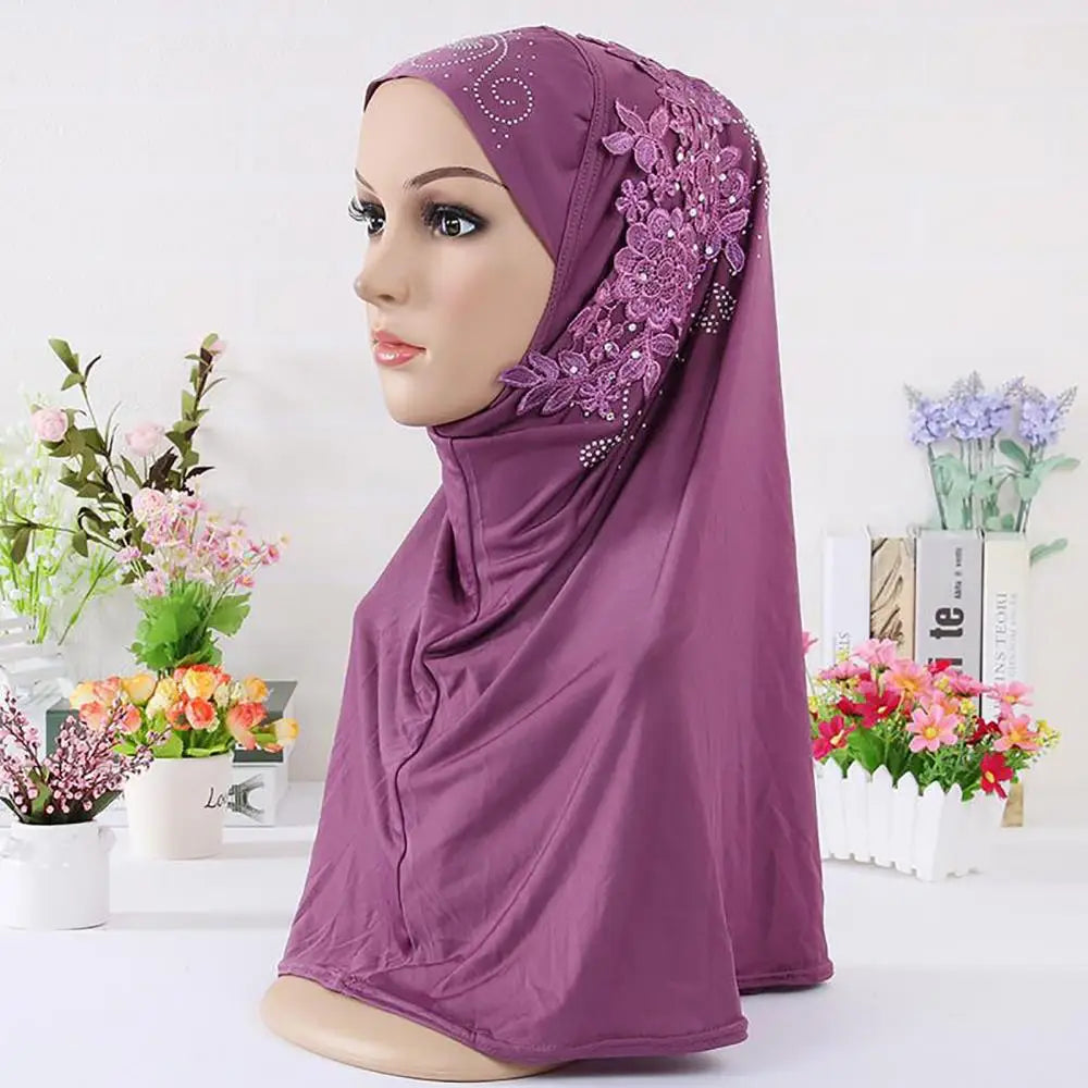 Women Head Cover Solid Color Lace Rhinestone Muslim Hijab Wrap Islamic Scarf Cap