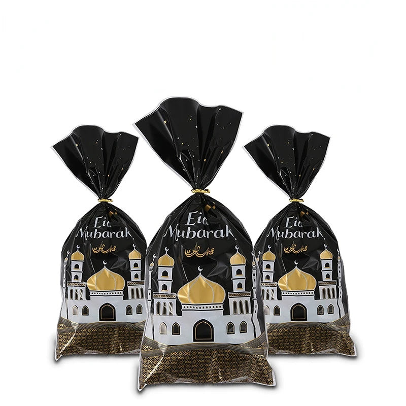 Eid Mubarak Castle Flat Binding Pocket Ramadan Kareem Decor 2024 Plastic Cookie Candy Muslim Party Supplies Eid Al-fitr Gift Bag