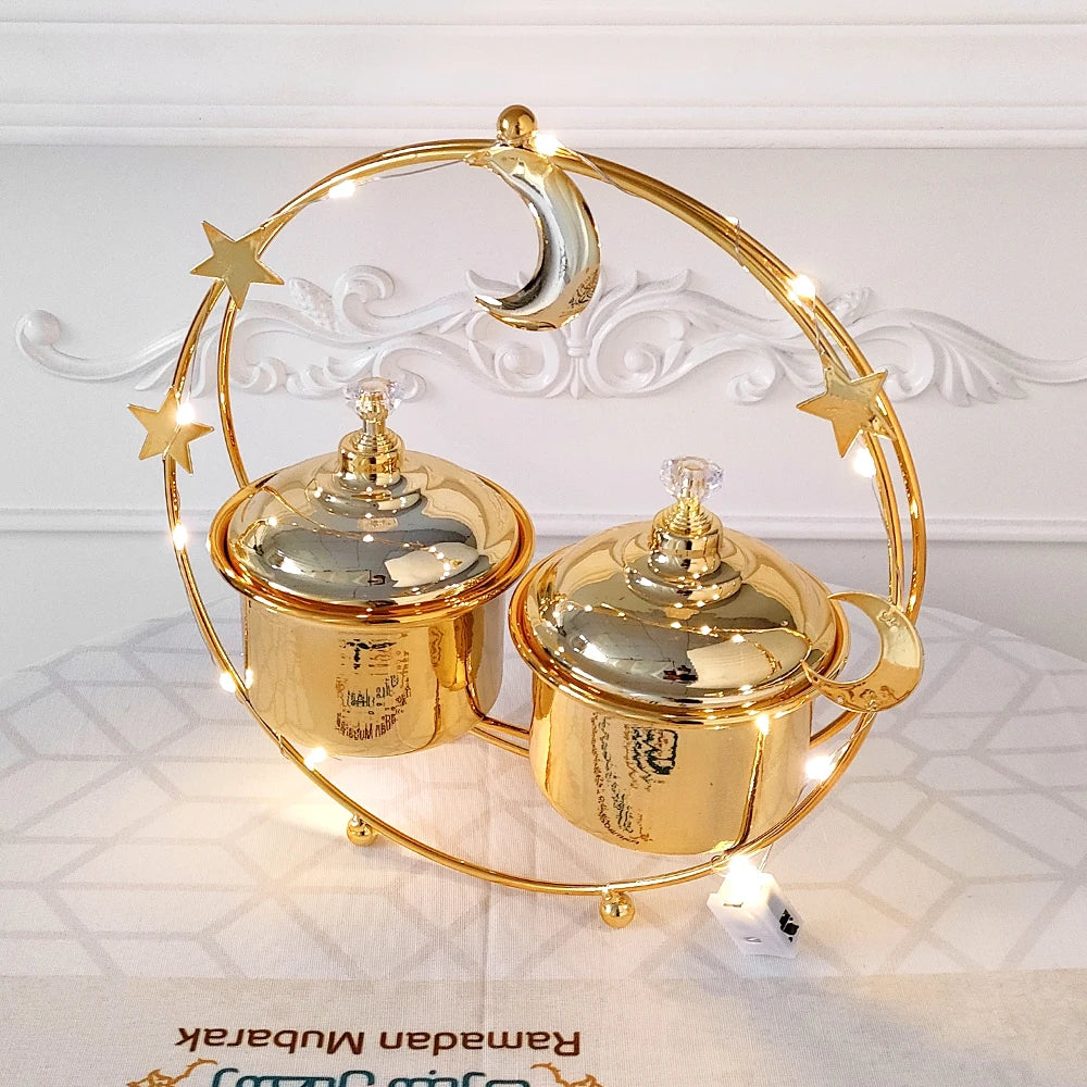 Eid Mubarak Metal Gold Nuts Tray With Light Ramadan Decor for Home Eid Al Adha Islamic Ramadan Kareem Muslim Festival Ornament